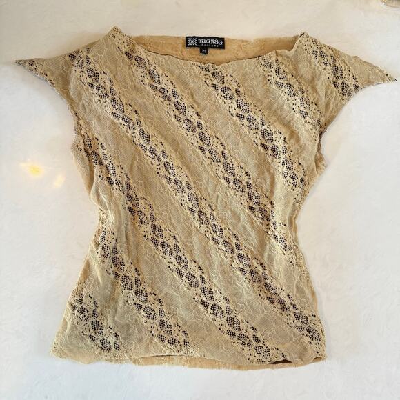 Vintage‎ Y2K Tag Rag Culture Beige Lace Stretch Top M Made in USA Cap Sleeve - Picture 6 of 13